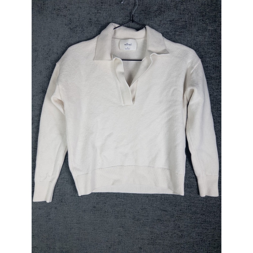 Wilfed Aritzia Merino Wool Polo Sweater Womens M Ivory Pullover Knit Preppy